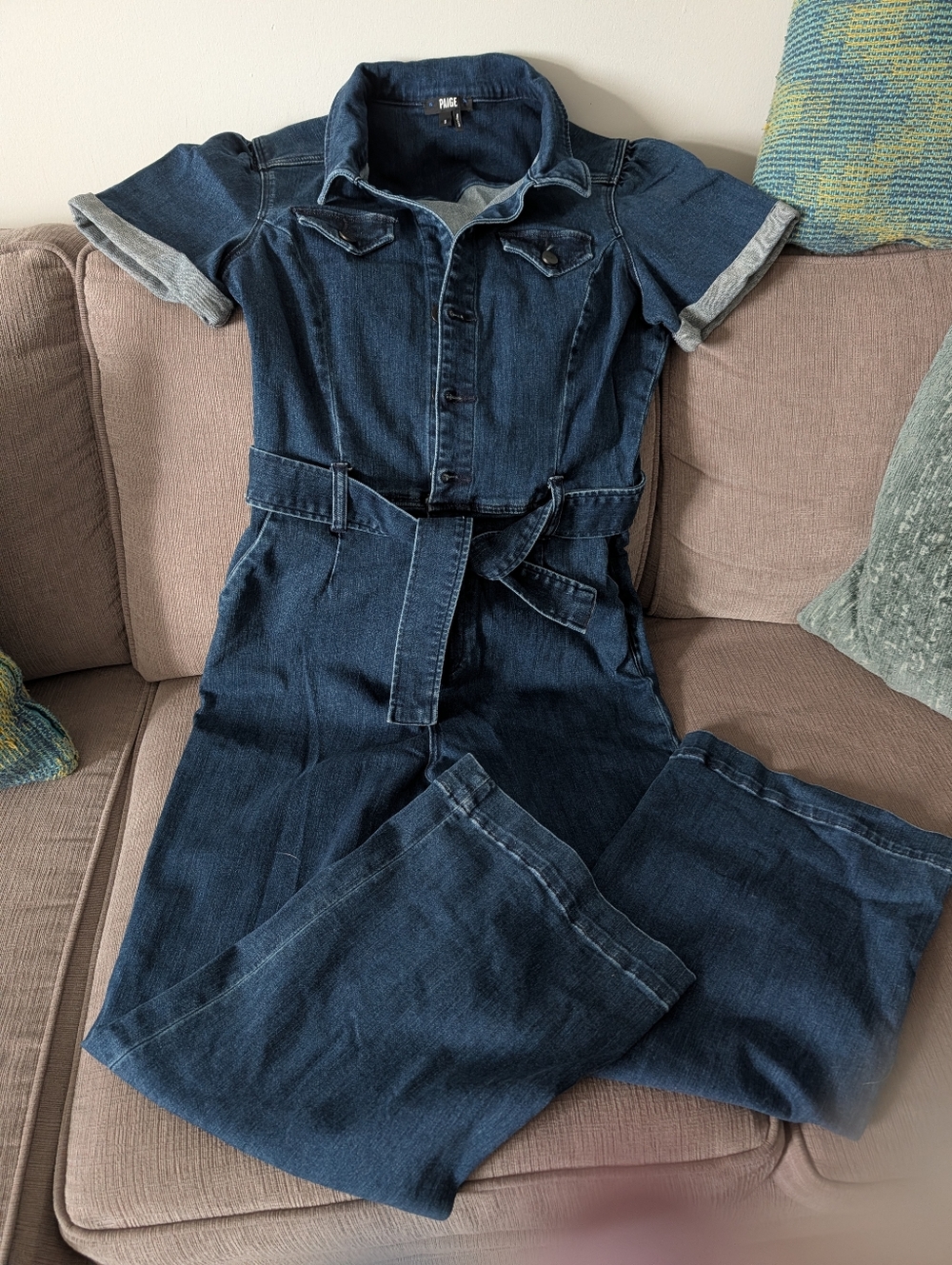PAIGE Indigo Denim Short-Sleeve Jumpsuit with Waist Tie. NWOT
